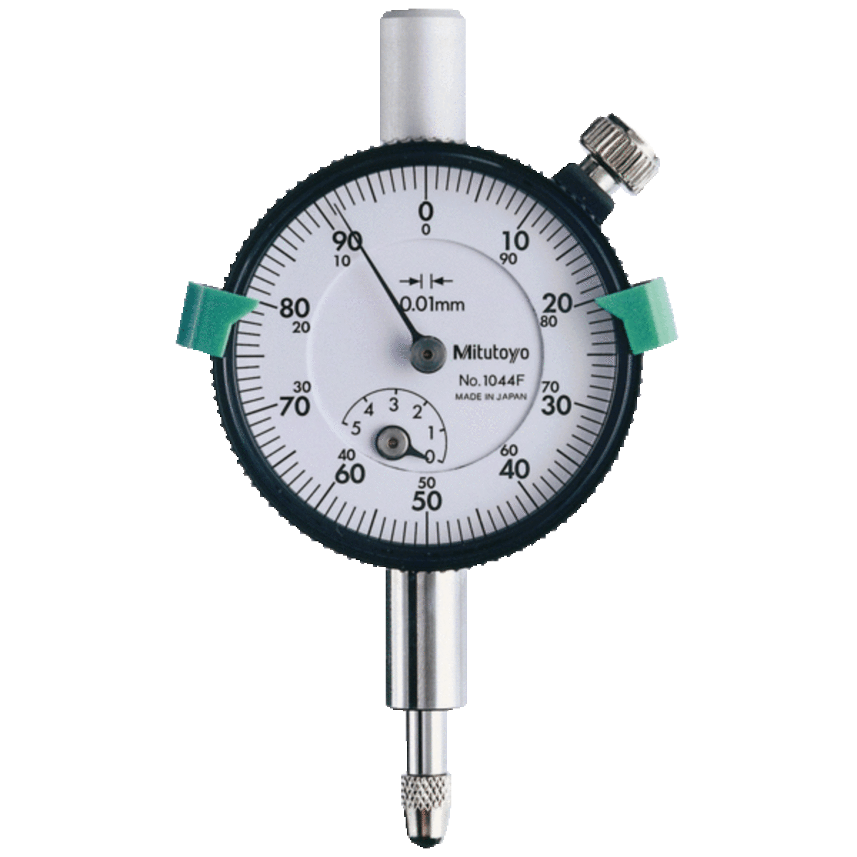 Comparateur mécanique série 1 petit diamètre avec patte de fixation, de course 5 mm, 1 mm par tour de cadran et résolution 0,01 mm. Force de mesure max. 1,4 N. Échelle 0-100-0. MITUTOYO 1044A