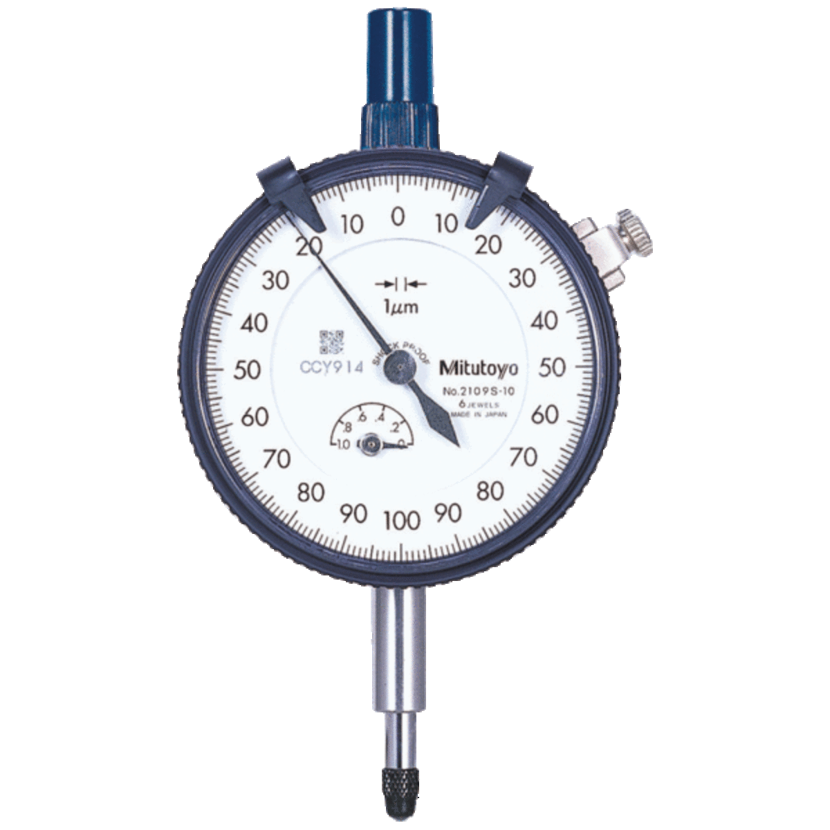 Comparateur mécanique série 2 avec patte de fixation, de course 1 mm, 0,2 mm par tour de cadran et résolution 0,001 mm. Force de mesure max. 1,5 N. MITUTOYO 2109A-10