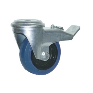 Roulette pivotante avec frein  à oeil en caoutchouc bleu de diamètre 100 mm