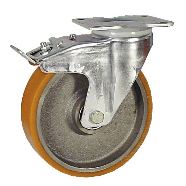 Roulette pivotante avec frein en polyuréthane corps fonte de diamètre 125 mm